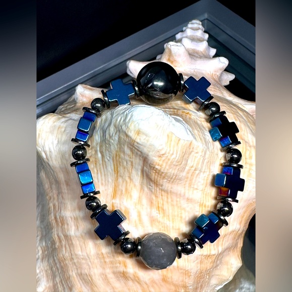 HEMATITE + QUARTZ NATURAL STONES  BRACELET size 7” - Picture 2 of 16